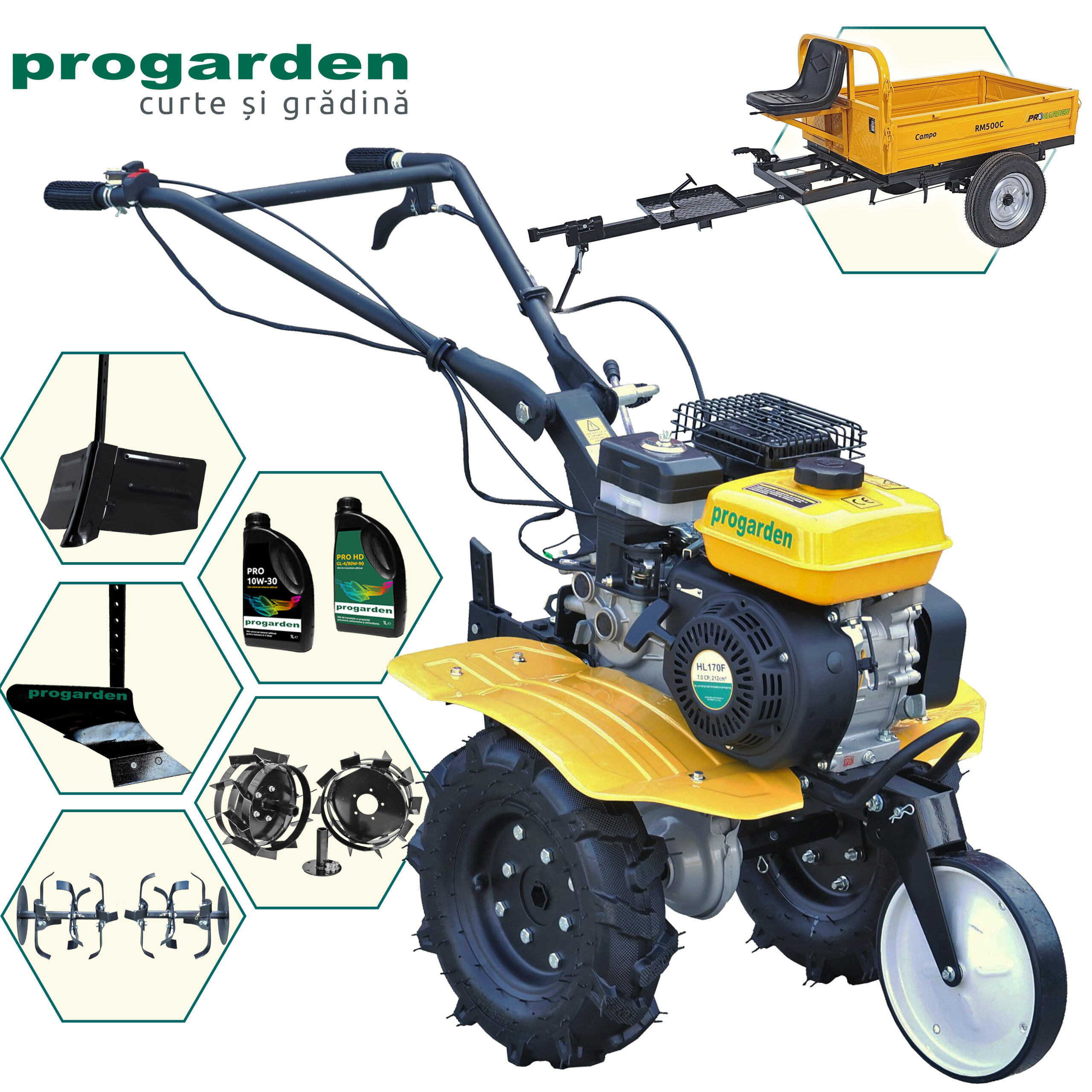 ProGARDEN Pachet Campo 703 Motocultor 7CP + Remorca RM500C + Plug simplu + Plug bilonat/rarita + 2 Roti metalice 350x6 + 2L Ulei