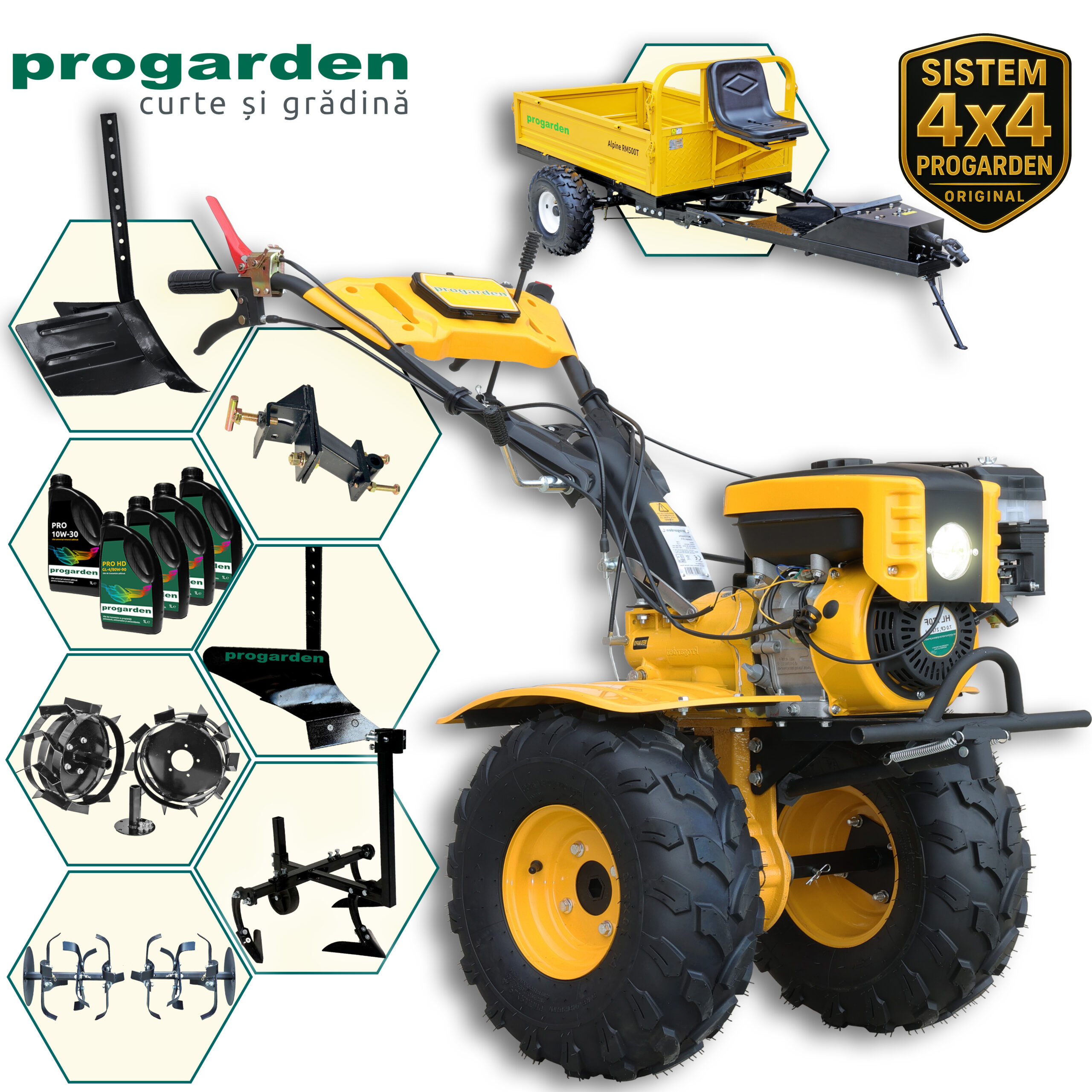 ProGARDEN Pachet Campo 873 Alpine motocultor 7CP + Prasitoare PRS20-45 + Remorca RM500T + Plug simplu + Plug bilonat/rarita + Adaptor reglabil + 2 Roti metalice 350x6 + 5L Ulei