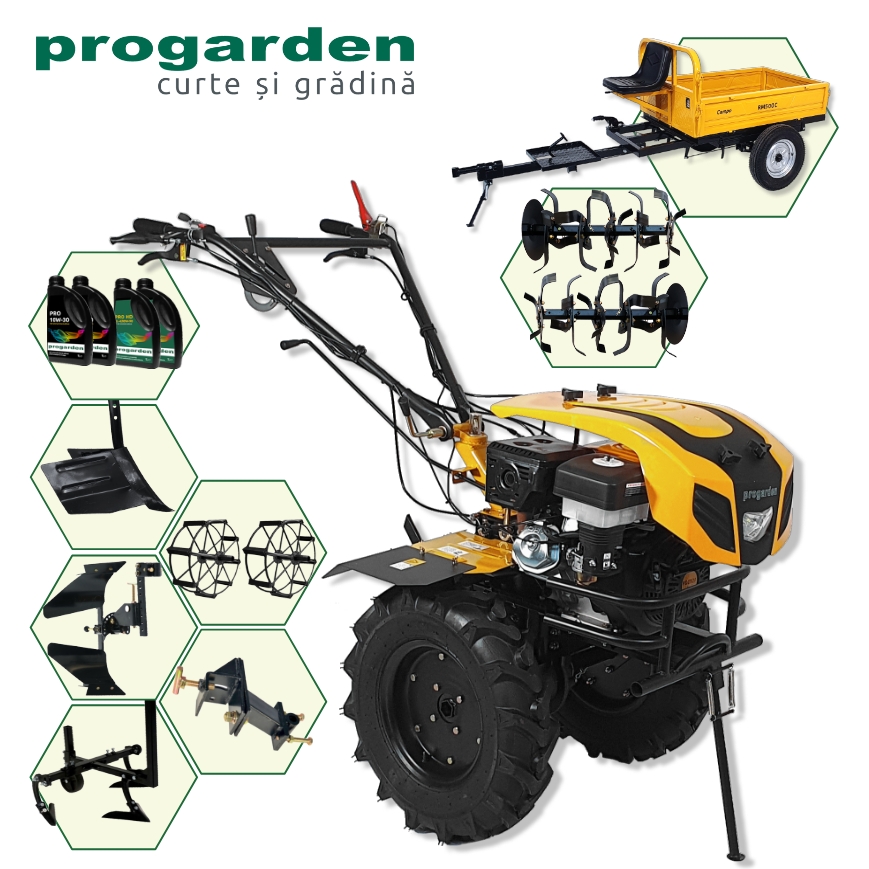 ProGARDEN Pachet Campo 1844 Motocultor 18CP + Plug bilonat + Plug reversibil + Prasitoare + Adaptor + 2 roti metalice 540x170 + 4L Ulei
