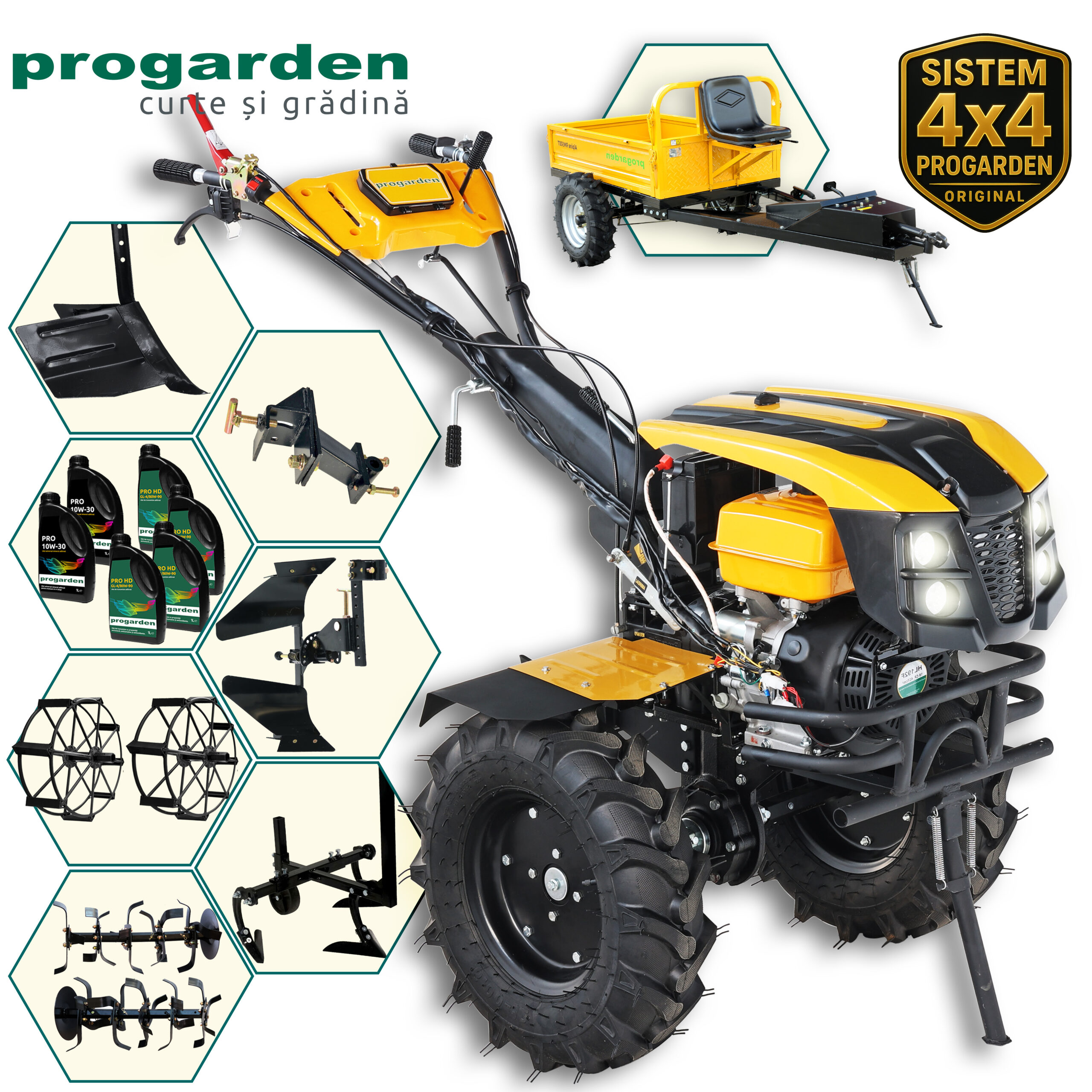 ProGARDEN Pachet Campo 1873 Alpine V2 Motocultor 18CP + RM500T Remorca + 2xPlug + Prasitoare + Adaptor + 2xRoti metalice 540x170 + 6L Ulei