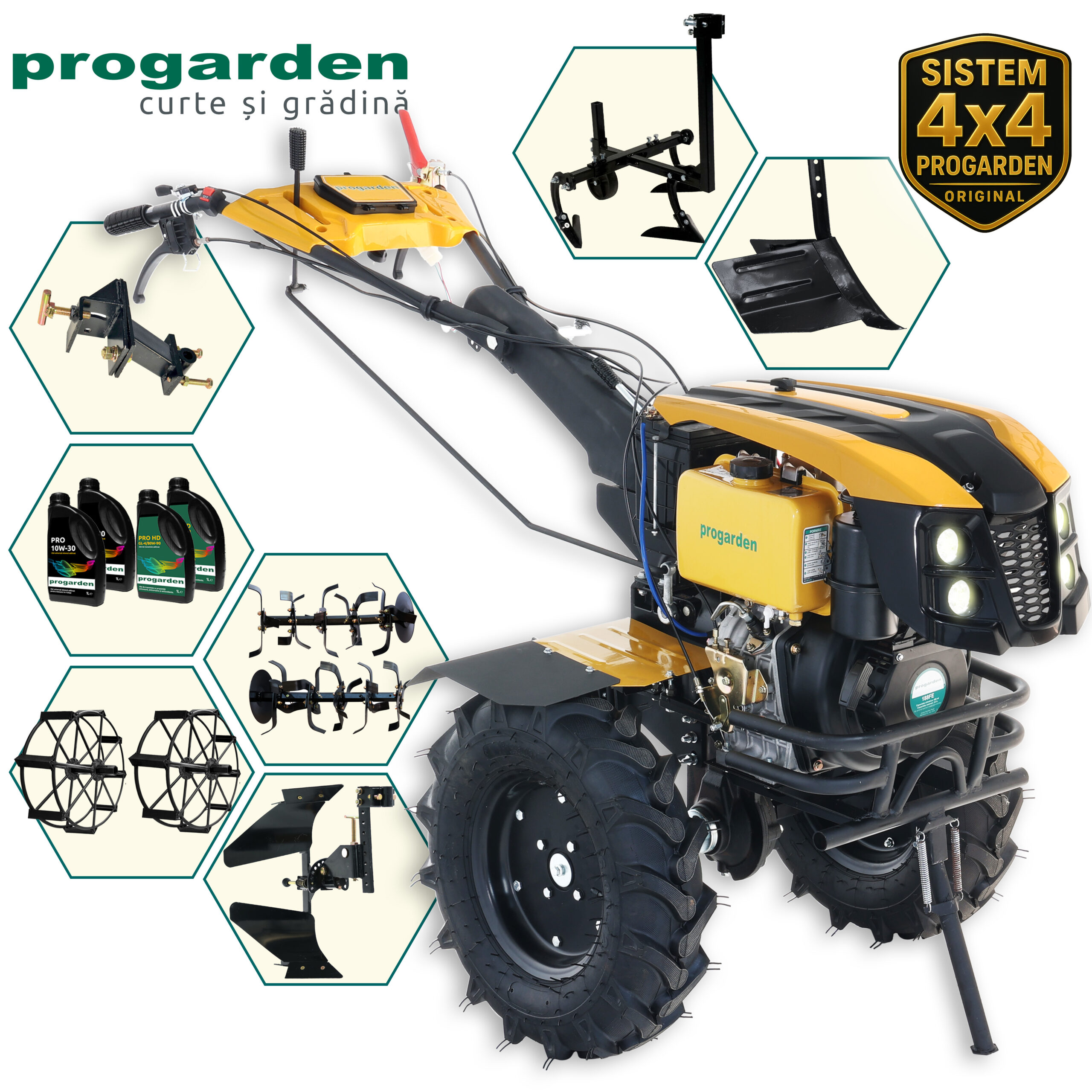 ProGARDEN Pachet Campo 1273 Alpine V2 Motocultor 12CP + PRS20-45 Prasitoare+Plug bilonat/rarita +PR2B-31 Plug reversibil+Adaptor + 2 Roti metalice 540x170 + 4 L Ulei