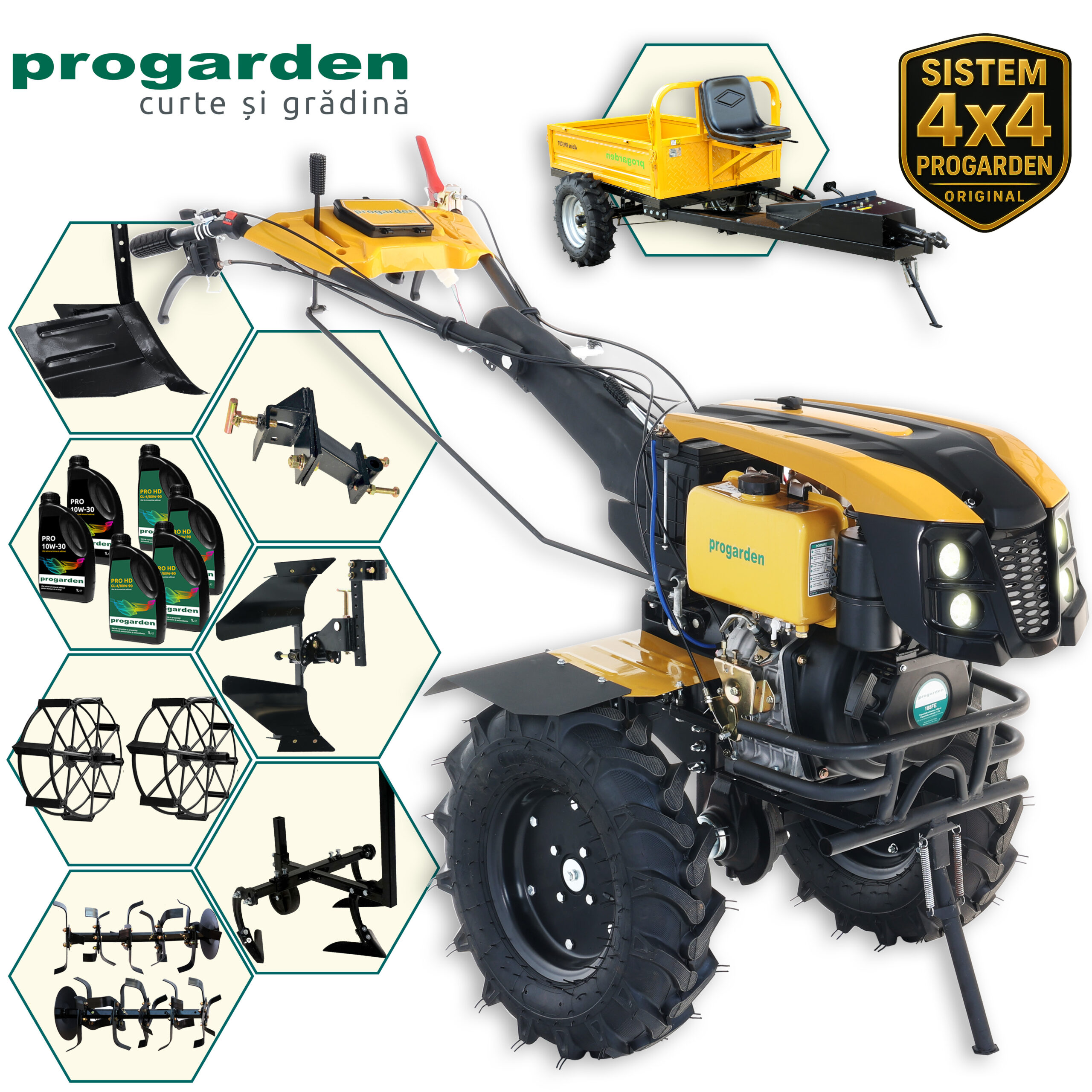 ProGARDEN Pachet Campo 1273 Alpine V2 Motocultor 12CP + PRS20-45 Prasitoare + Remorca RM500T+ Plug bilonat/rarita + Plug reversibil + Adaptor + 2 Roti metalice 540x170 + 6 L ulei
