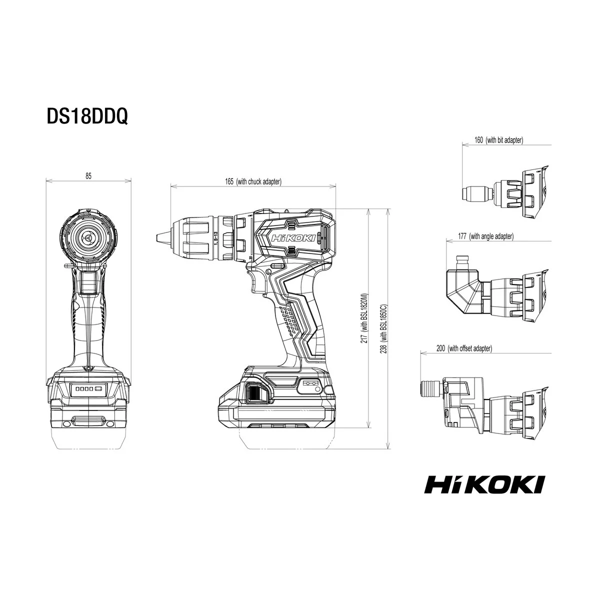 ds18ddq dimensions 01 Mașină de Găurit și Înșurubat 18V 55Nm Sistem Quick-Change HiKOKI DS18DDQWQZ - imagine 3