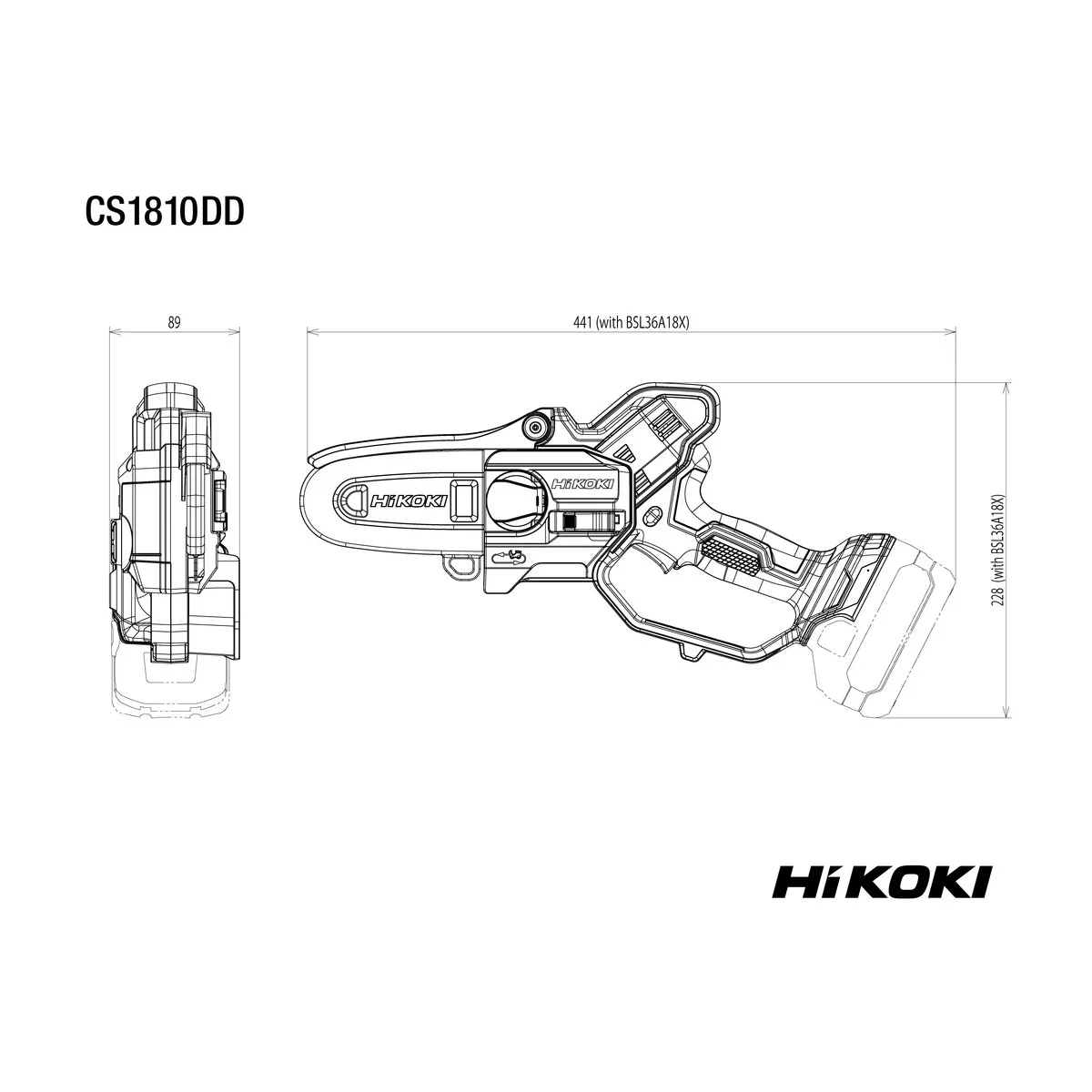 cs1810dd dimensions 01 Fierăstrău pomicol cu acumulator HIKOKI CS1810DDW4Z - imagine 7