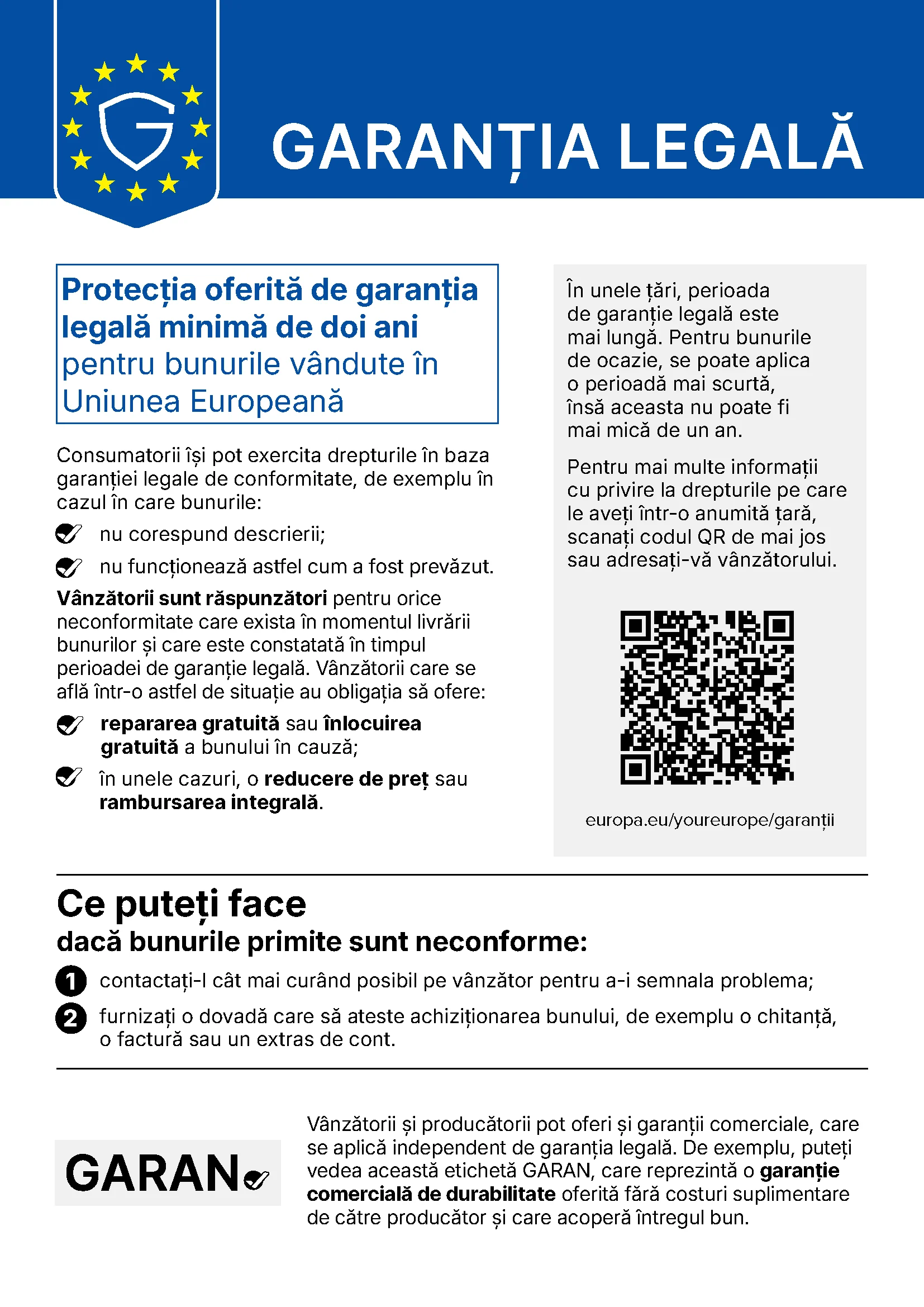 Notificare UE privind garanția legală de conformitate